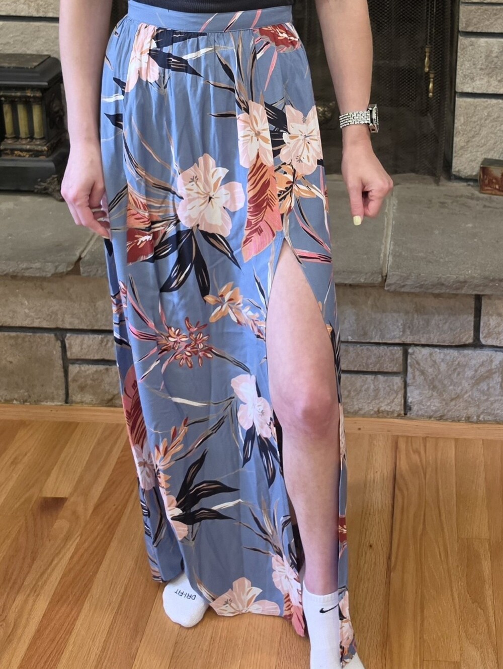 Blue Floral Maxi Skirt with Side Slit